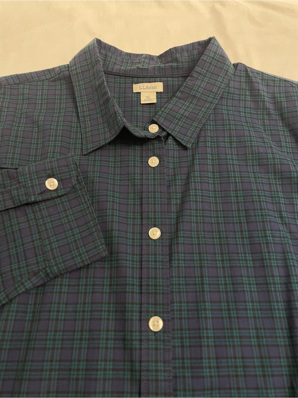 LL Bean Women's Plaid Button Up Shirt XL Black Watch Tartan Green Blue